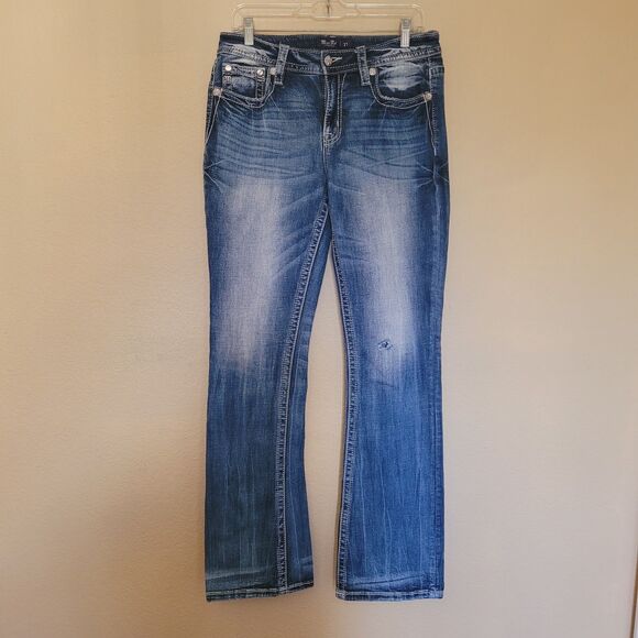 Miss Me Womens Boot Cut Jeans Size 31 Mid Rise Blue Embroidered Western Aztec - Picture 2 of 10